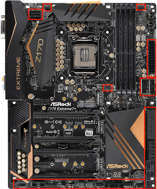 Outlines of cable plug spots on a motherboard